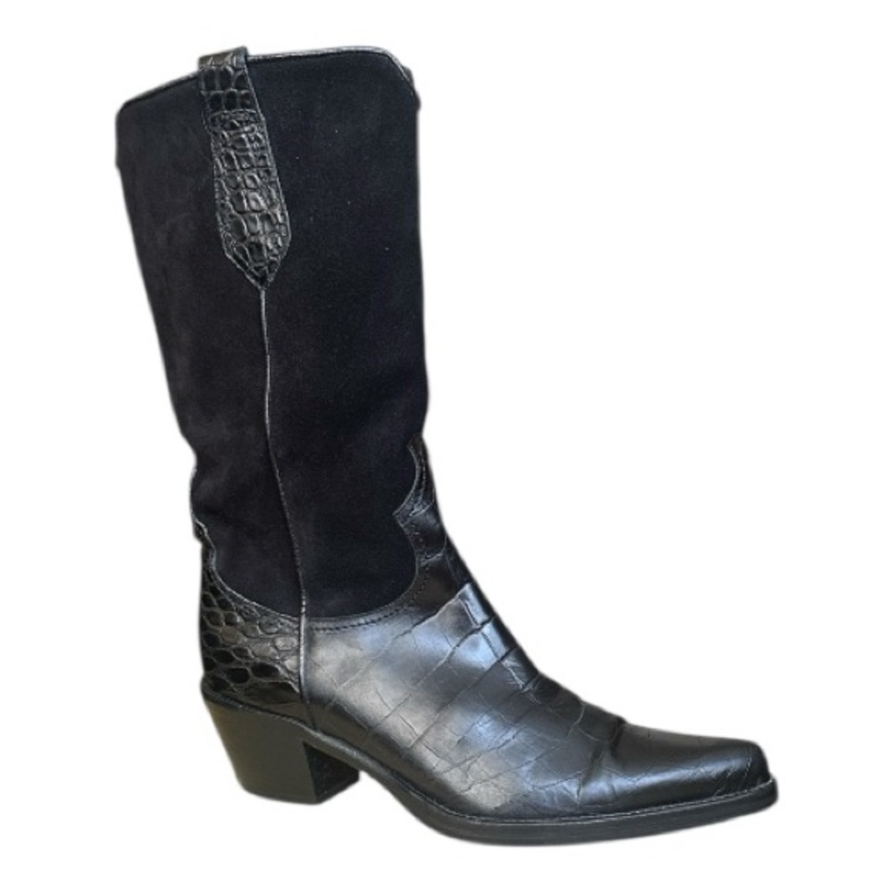 Duccio Del Duca Milano Black Crocodile-Embossed Leather and Suede Western Boots